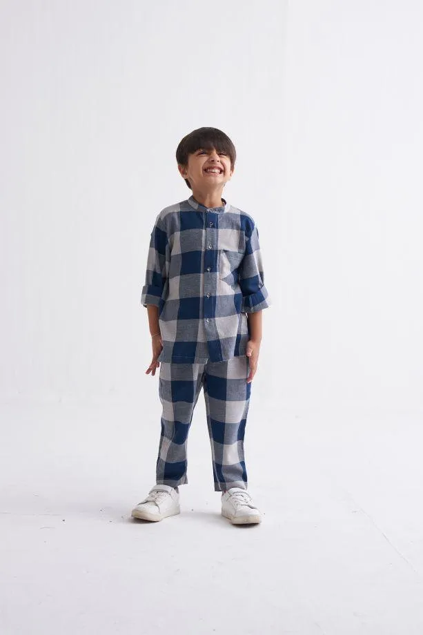 Band Collar Shirt Co-Ord - Navy Checks