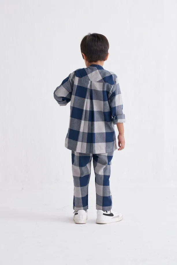 Band Collar Shirt Co-Ord - Navy Checks