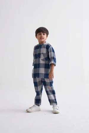 Band Collar Shirt Co-Ord - Navy Checks