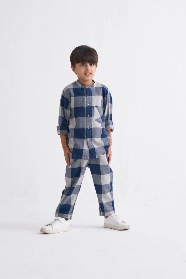 Band Collar Shirt Co-Ord - Navy Checks