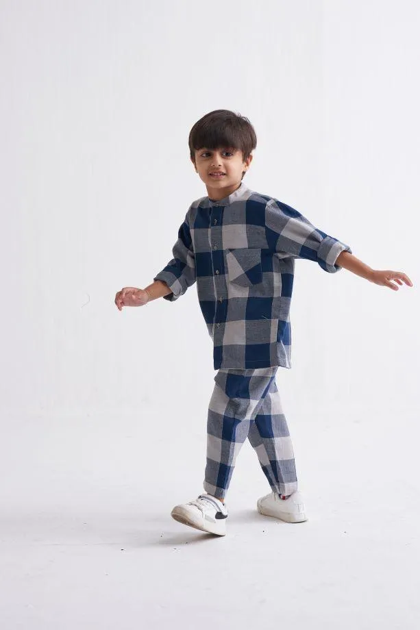 Band Collar Shirt Co-Ord - Navy Checks