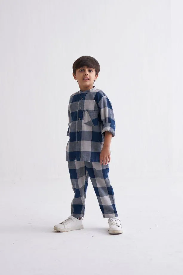 Band Collar Shirt Co-Ord - Navy Checks