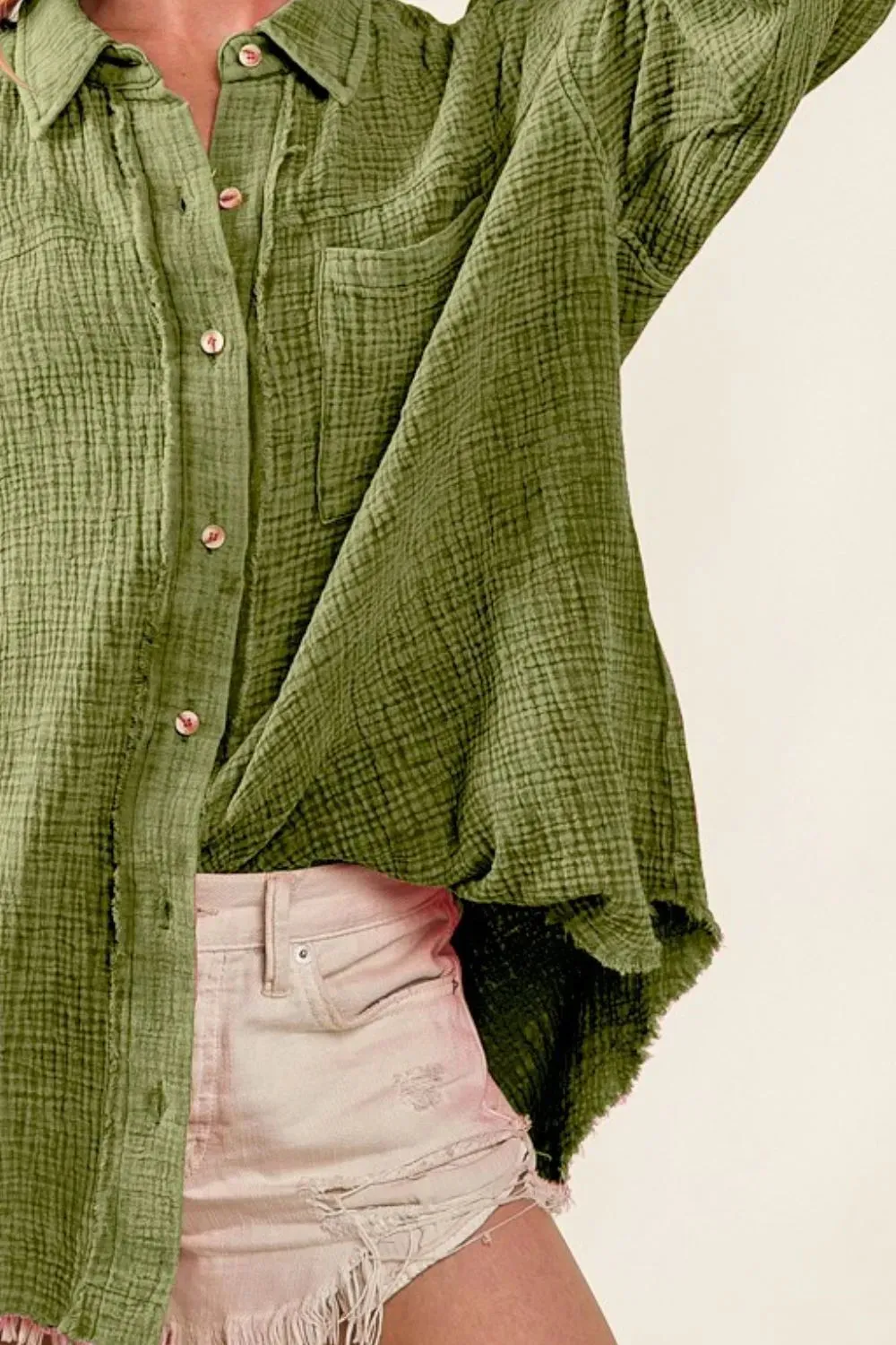 BiBi Raw Edge Detailed Mineral Washed Loose Fit Shirt