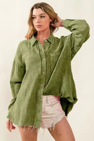 BiBi Raw Edge Detailed Mineral Washed Loose Fit Shirt