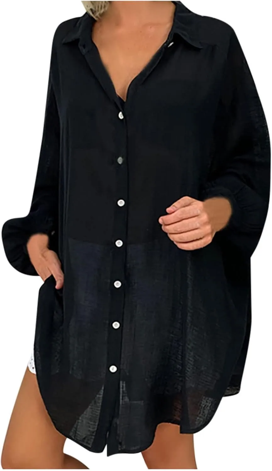 Ceboyel Women Oversized Cotton Linen Shirts Long Sleeve Button Down Blouses Casual Loose Gauze Top Work Summer Beach Outfits