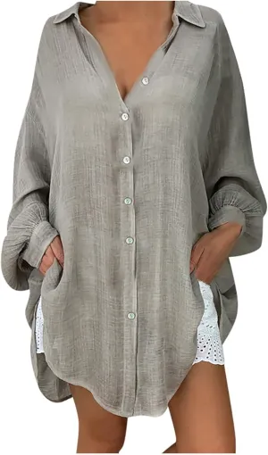 Ceboyel Women Oversized Cotton Linen Shirts Long Sleeve Button Down Blouses Casual Loose Gauze Top Work Summer Beach Outfits