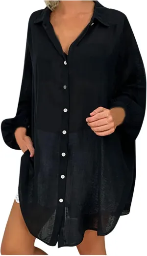 Ceboyel Women Oversized Cotton Linen Shirts Long Sleeve Button Down Blouses Casual Loose Gauze Top Work Summer Beach Outfits