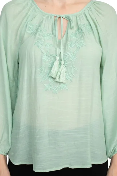 Crew Neck Tie Neck Long Sleeve Solid Rayon Blouse