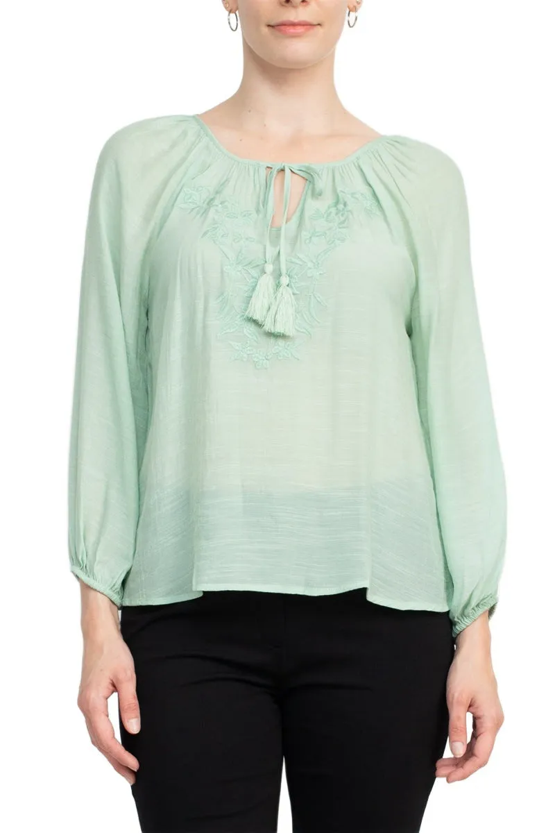 Crew Neck Tie Neck Long Sleeve Solid Rayon Blouse