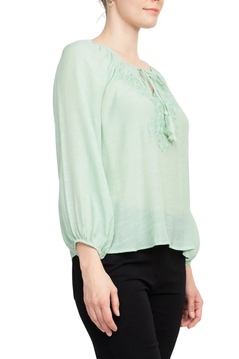 Crew Neck Tie Neck Long Sleeve Solid Rayon Blouse