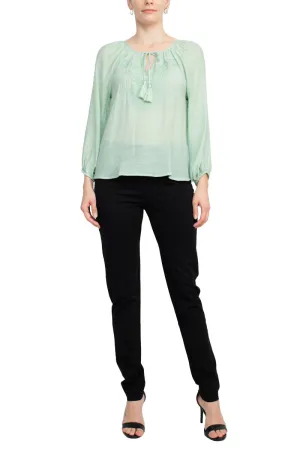 Crew Neck Tie Neck Long Sleeve Solid Rayon Blouse