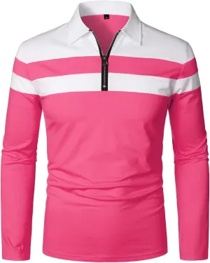HOOD CREW Mens Long Sleeve Polo Shirt Casual Slim Fit Shirts Contrast Color Patchwork T Shirts Cotton Tops