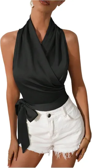 MakeMeChic Women's Satin Blouse Wrap V Neck Sleeveless Tie Side Summer Elegant Crop Tops