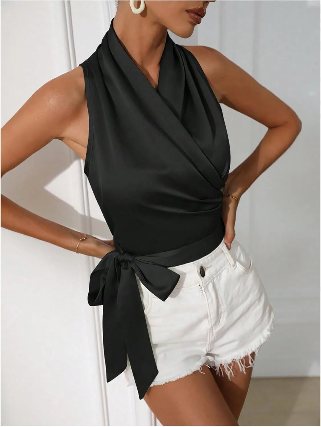 MakeMeChic Women's Satin Blouse Wrap V Neck Sleeveless Tie Side Summer Elegant Crop Tops