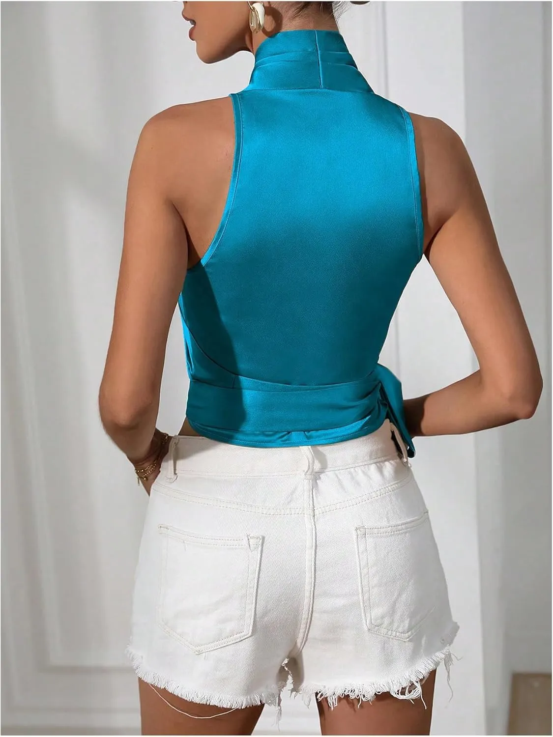 MakeMeChic Women's Satin Blouse Wrap V Neck Sleeveless Tie Side Summer Elegant Crop Tops