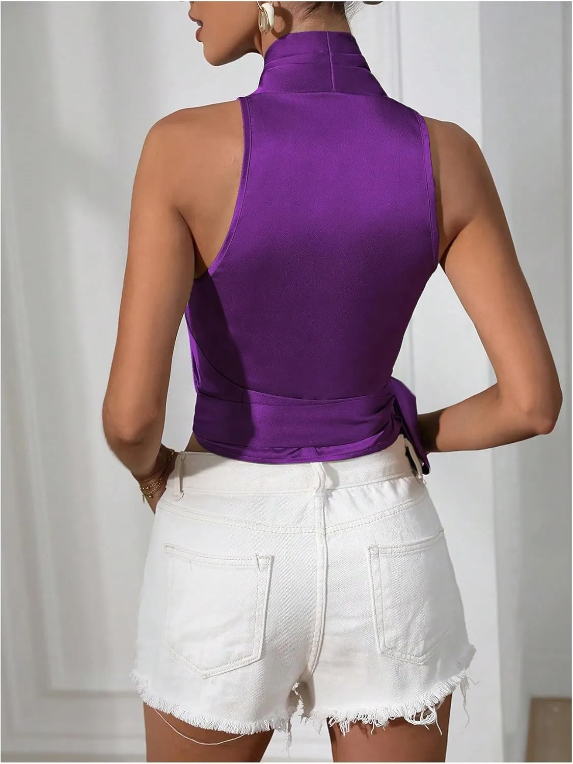 MakeMeChic Women's Satin Blouse Wrap V Neck Sleeveless Tie Side Summer Elegant Crop Tops