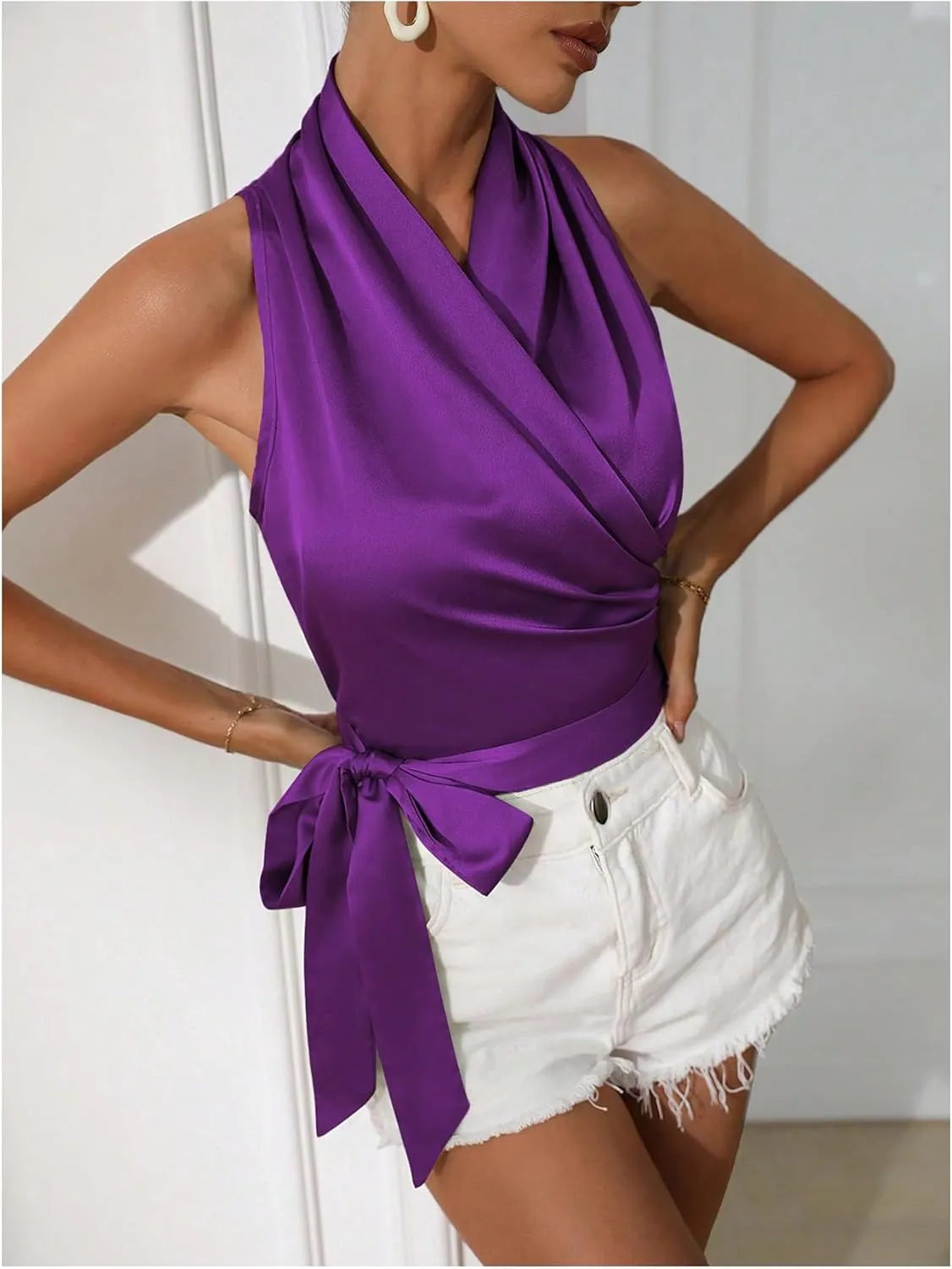 MakeMeChic Women's Satin Blouse Wrap V Neck Sleeveless Tie Side Summer Elegant Crop Tops