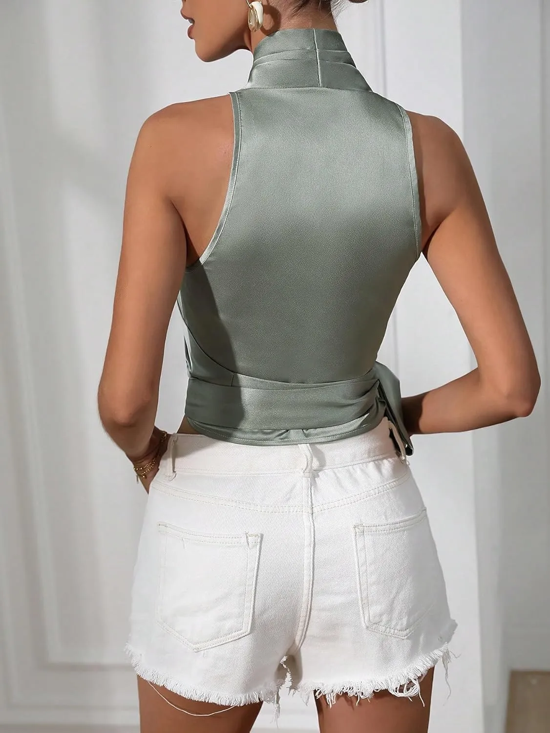 MakeMeChic Women's Satin Blouse Wrap V Neck Sleeveless Tie Side Summer Elegant Crop Tops