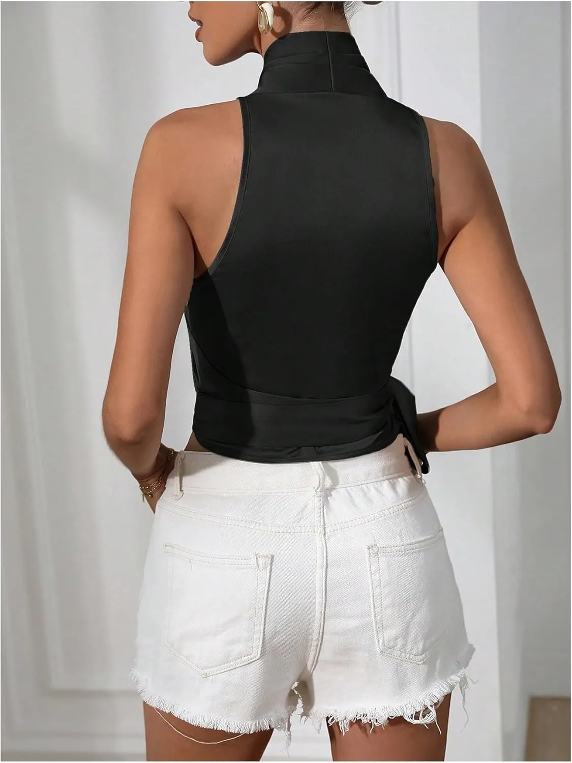 MakeMeChic Women's Satin Blouse Wrap V Neck Sleeveless Tie Side Summer Elegant Crop Tops