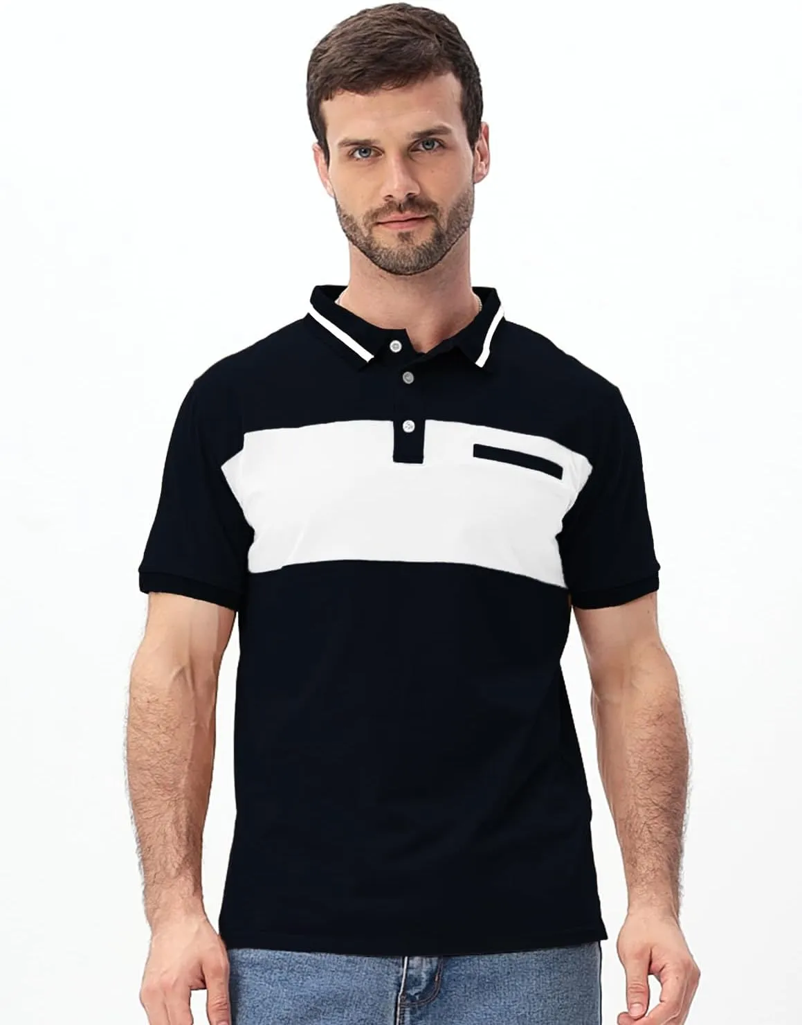 Mens Polo Shirts Short/Long Sleeve Casual Color Block Golf Polo T Shirt Stylish Contrast Collar Cotton Tops for Men