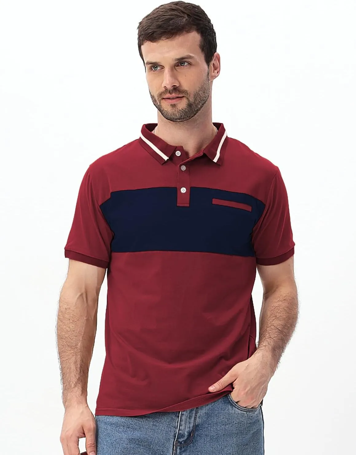 Mens Polo Shirts Short/Long Sleeve Casual Color Block Golf Polo T Shirt Stylish Contrast Collar Cotton Tops for Men