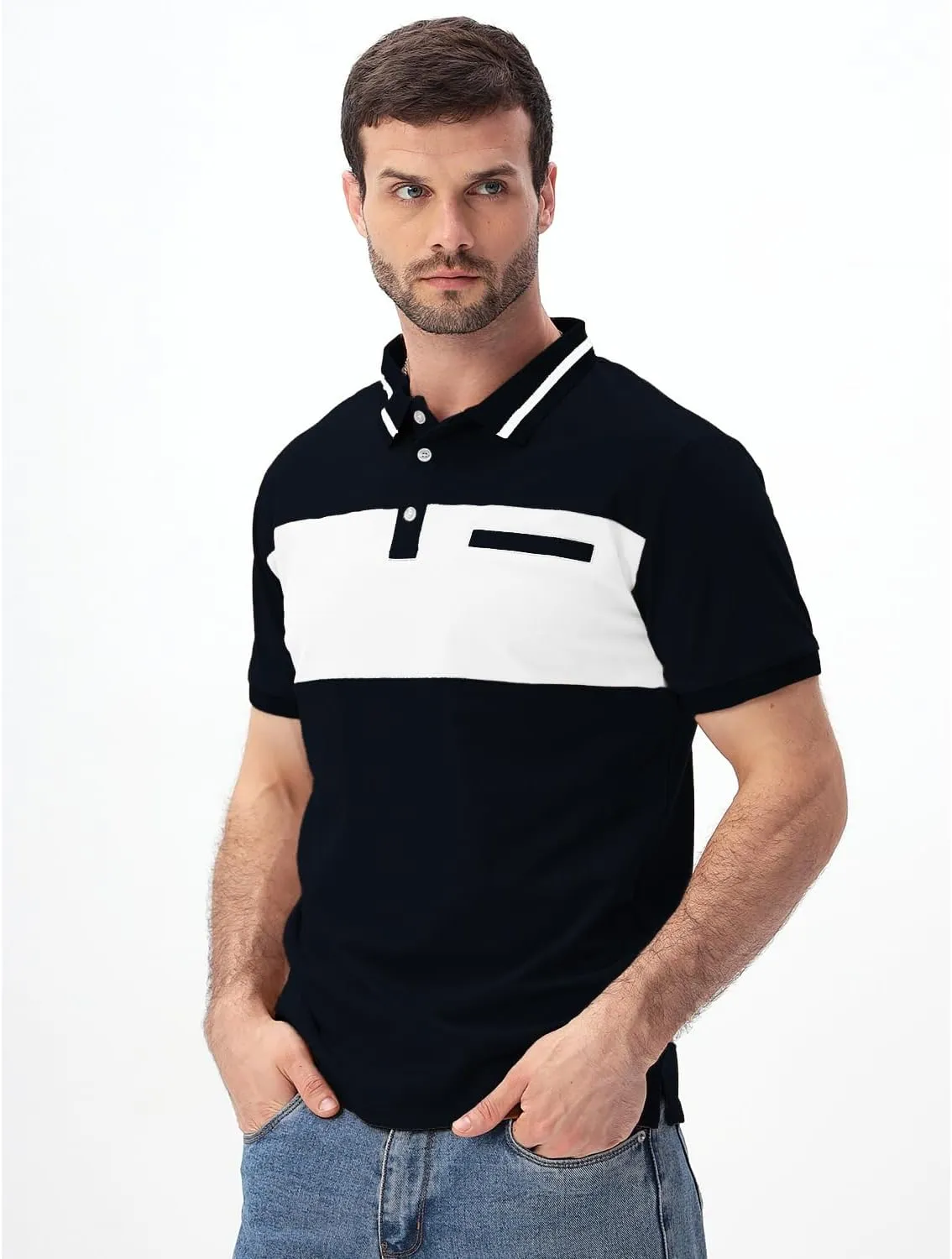 Mens Polo Shirts Short/Long Sleeve Casual Color Block Golf Polo T Shirt Stylish Contrast Collar Cotton Tops for Men