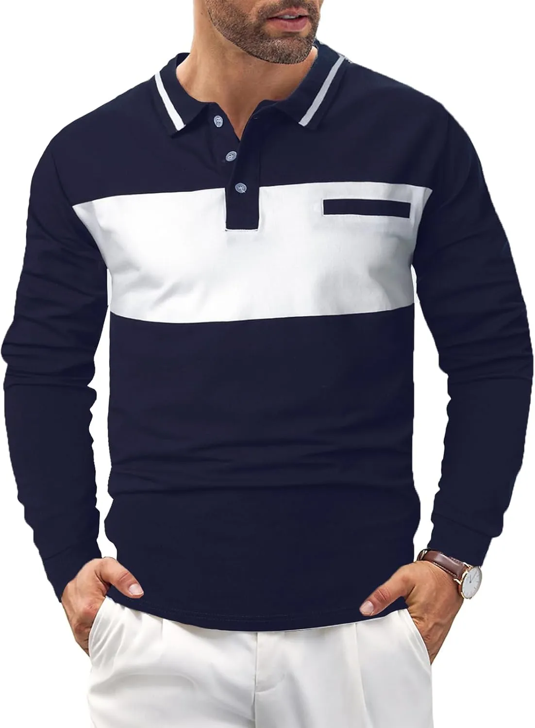 Mens Polo Shirts Short/Long Sleeve Casual Color Block Golf Polo T Shirt Stylish Contrast Collar Cotton Tops for Men