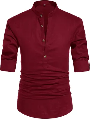 NITAGUT Men Henley Neck Long Sleeve Daily Look Linen Shirts