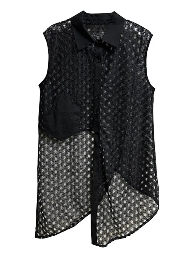 Pre Order:  Mesh Splicing Irregular Perspective Grid Sleeveless Shirt