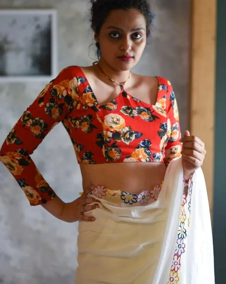 Readymade Red And Multicolored Rayon Blouse