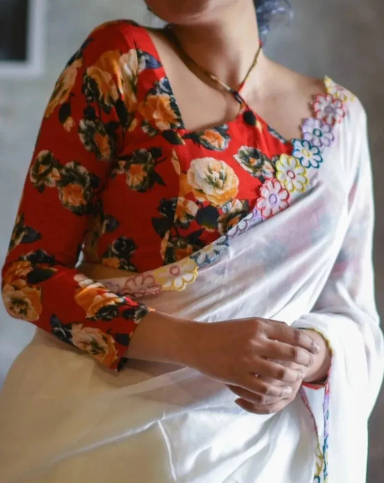 Readymade Red And Multicolored Rayon Blouse