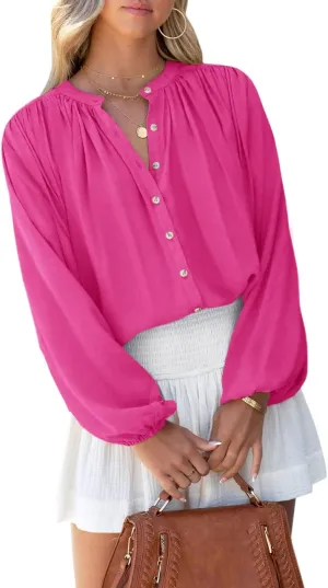 SENSERISE Womens Long Sleeve Button Down Shirt Casual Solid Color Balloon Sleeve V Neck Tops Satin Silk Blouses