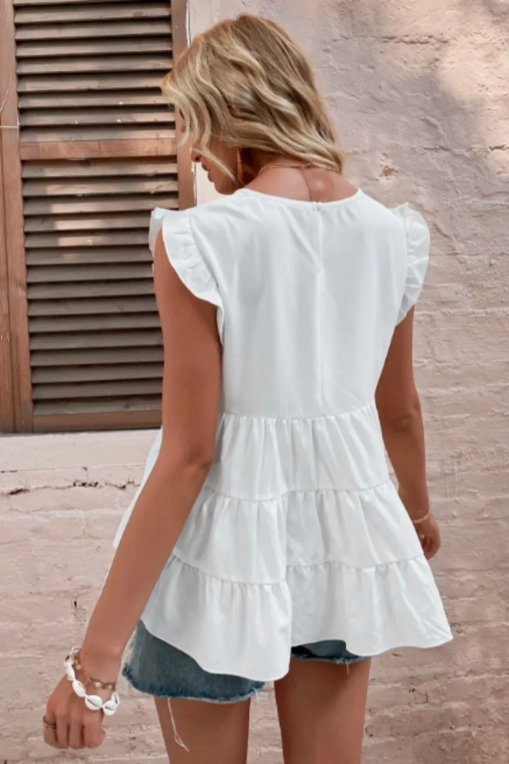 Solid Ruffle Hem Butterfly Sleeve Blouse
