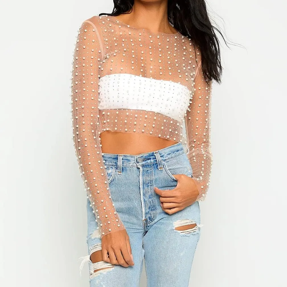 Women Pearl Rhinestone Sheer Mesh Crop Top Sexy See Through Long Sleeve Slim Fit Cropped Blouse Shirt Clubwear