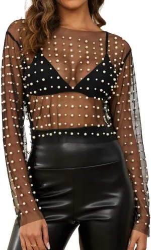 Women Pearl Rhinestone Sheer Mesh Crop Top Sexy See Through Long Sleeve Slim Fit Cropped Blouse Shirt Clubwear