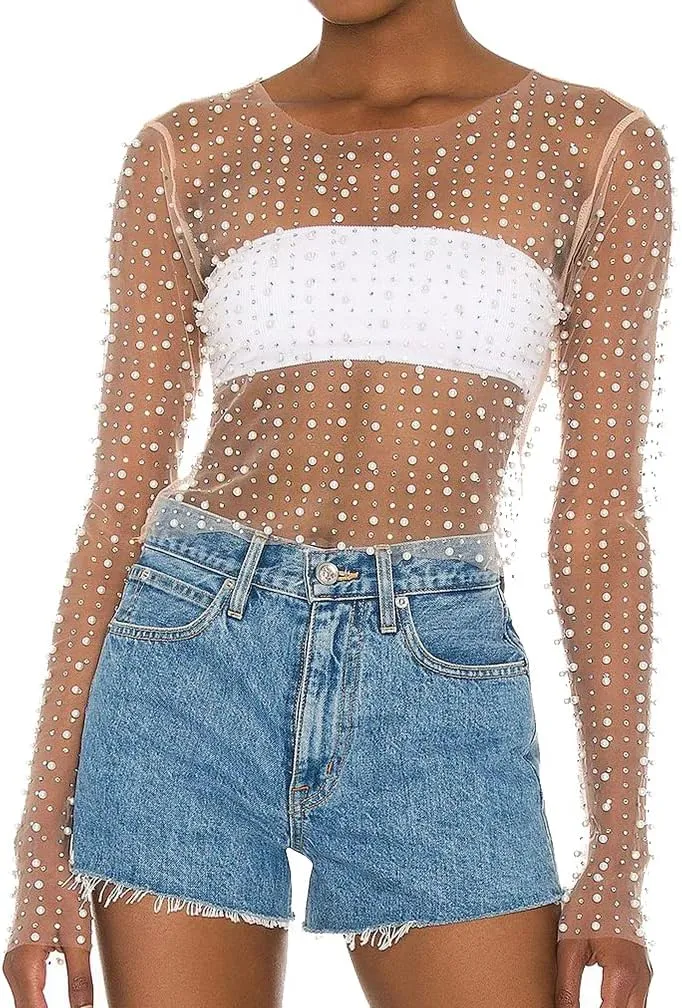 Women Pearl Rhinestone Sheer Mesh Crop Top Sexy See Through Long Sleeve Slim Fit Cropped Blouse Shirt Clubwear