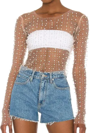 Women Pearl Rhinestone Sheer Mesh Crop Top Sexy See Through Long Sleeve Slim Fit Cropped Blouse Shirt Clubwear
