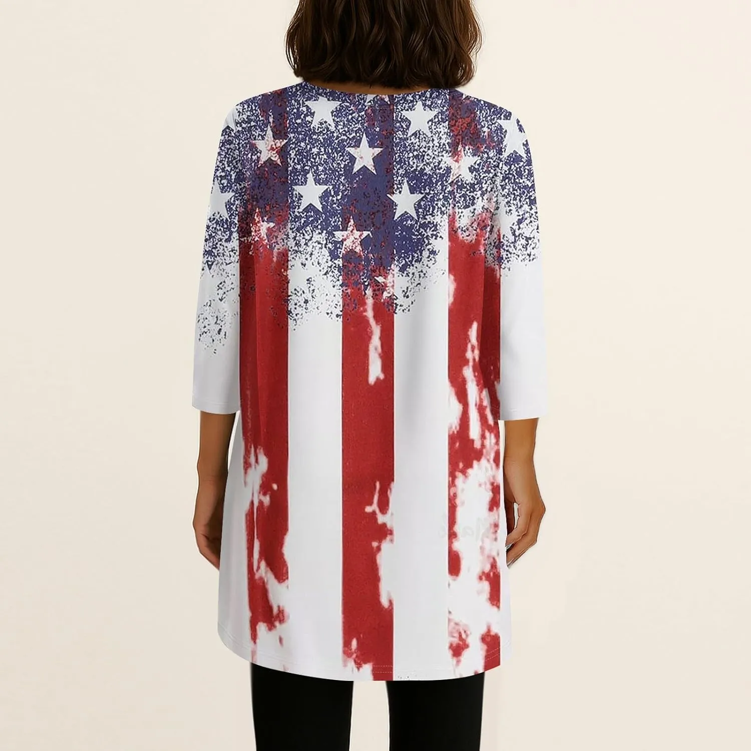Women's 3/4 Sleeve Blouse Button Outfits V Neck Elegant American Flag Patriotic Comfy 4Th of July Dressy Tunic