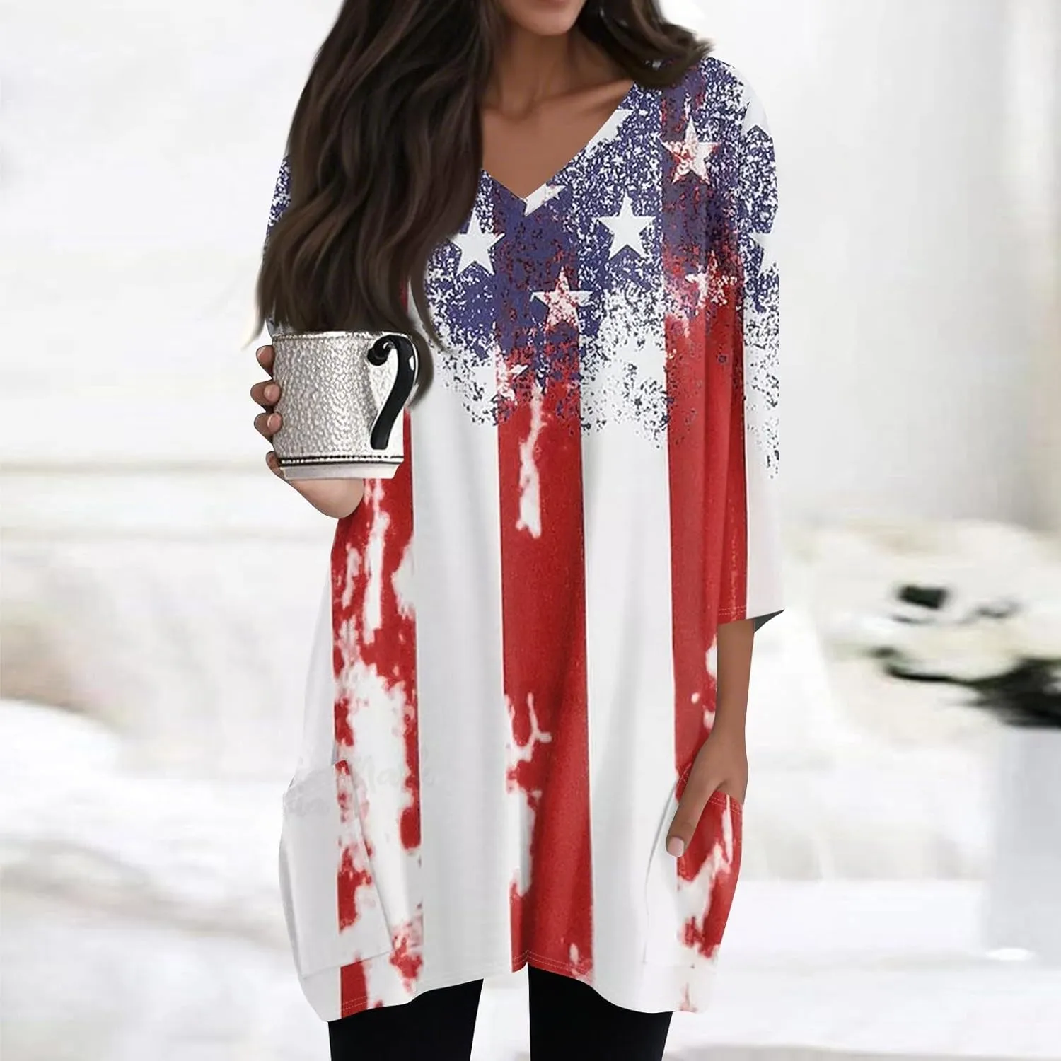 Women's 3/4 Sleeve Blouse Button Outfits V Neck Elegant American Flag Patriotic Comfy 4Th of July Dressy Tunic