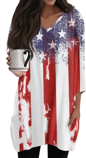 Women's 3/4 Sleeve Blouse Button Outfits V Neck Elegant American Flag Patriotic Comfy 4Th of July Dressy Tunic