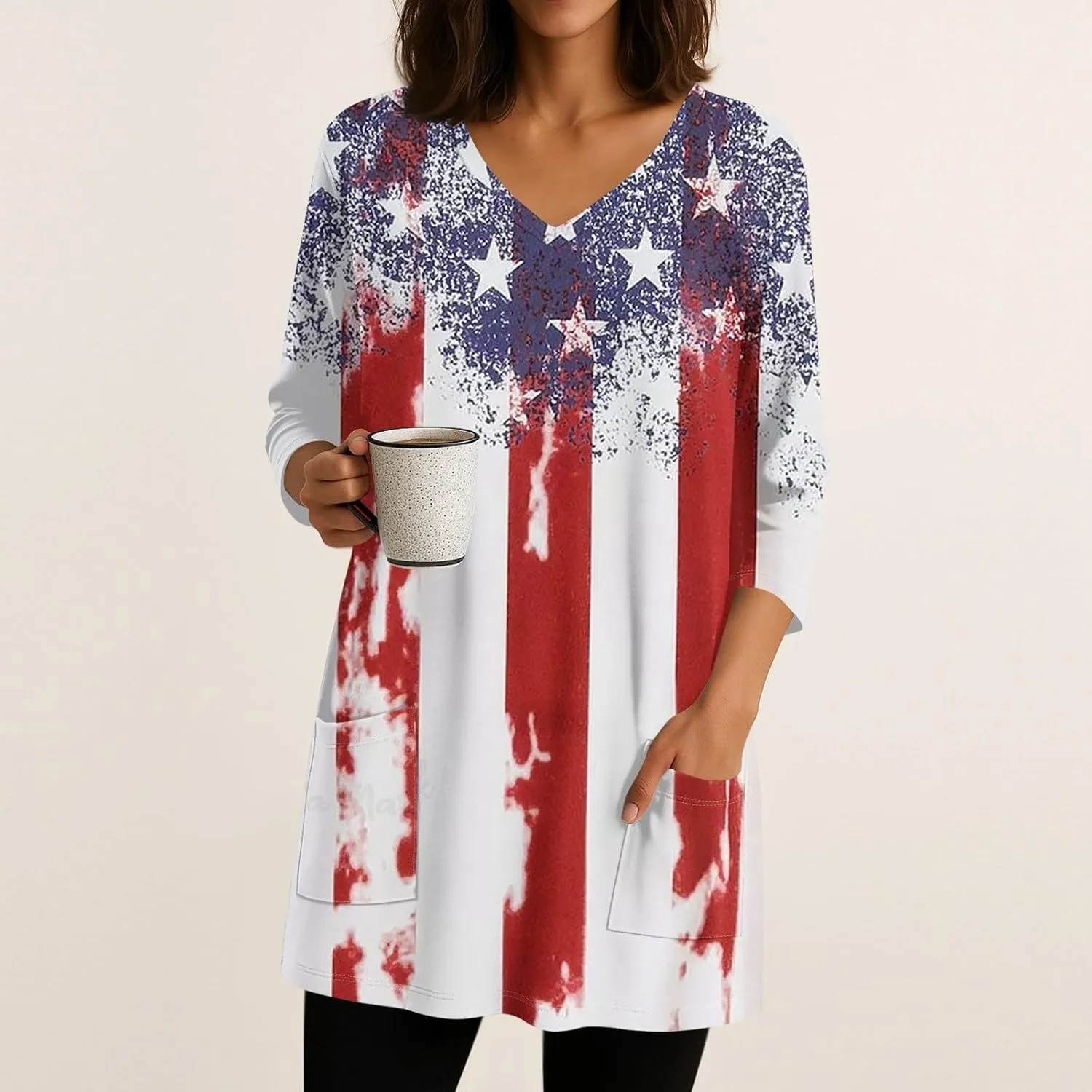 Women's 3/4 Sleeve Blouse Button Outfits V Neck Elegant American Flag Patriotic Comfy 4Th of July Dressy Tunic