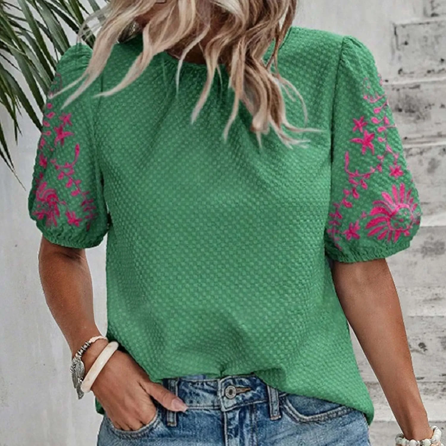 Womens Embroidered Puff Short Sleeve Tops Dressy Casual Crewneck Shirts Loose Textured Floral Embroidery Blouses