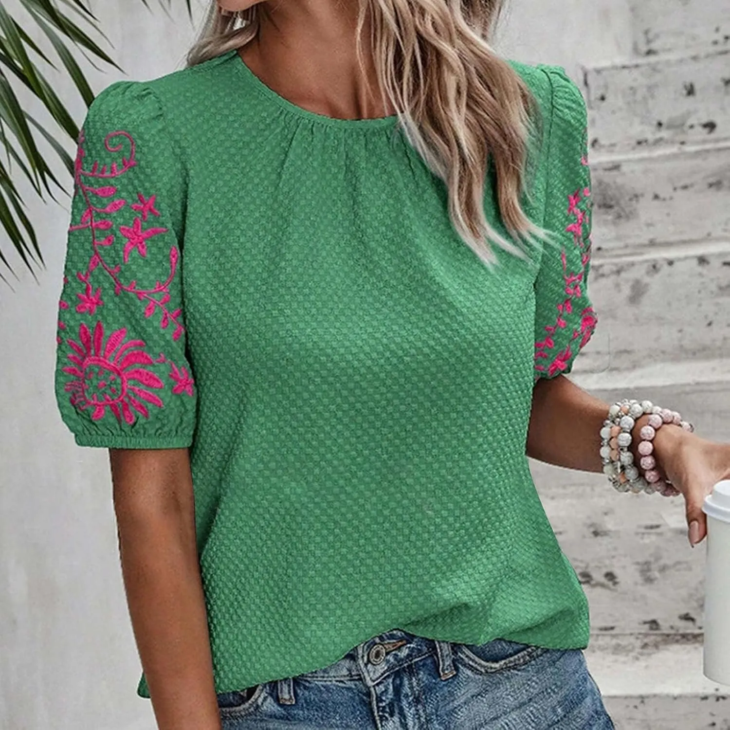 Womens Embroidered Puff Short Sleeve Tops Dressy Casual Crewneck Shirts Loose Textured Floral Embroidery Blouses