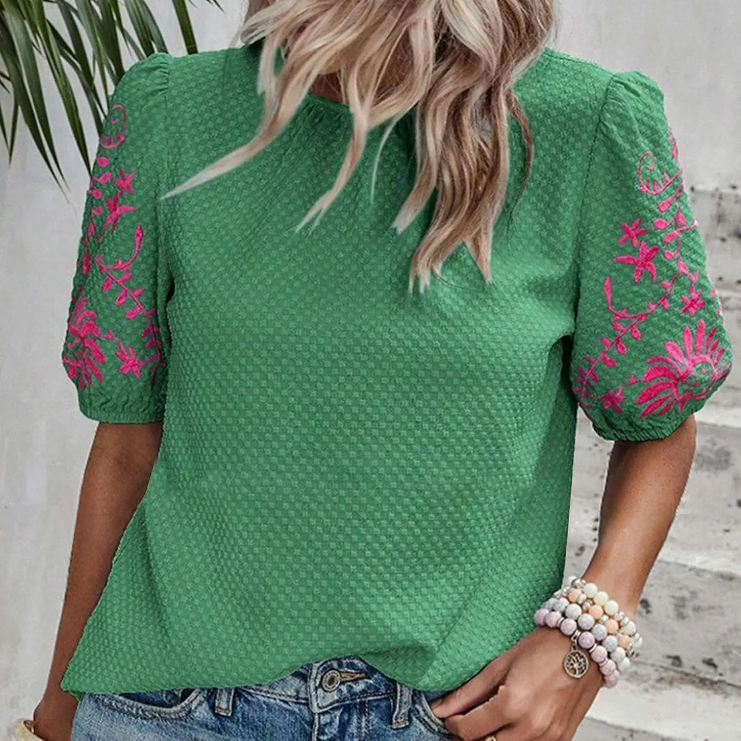 Womens Embroidered Puff Short Sleeve Tops Dressy Casual Crewneck Shirts Loose Textured Floral Embroidery Blouses