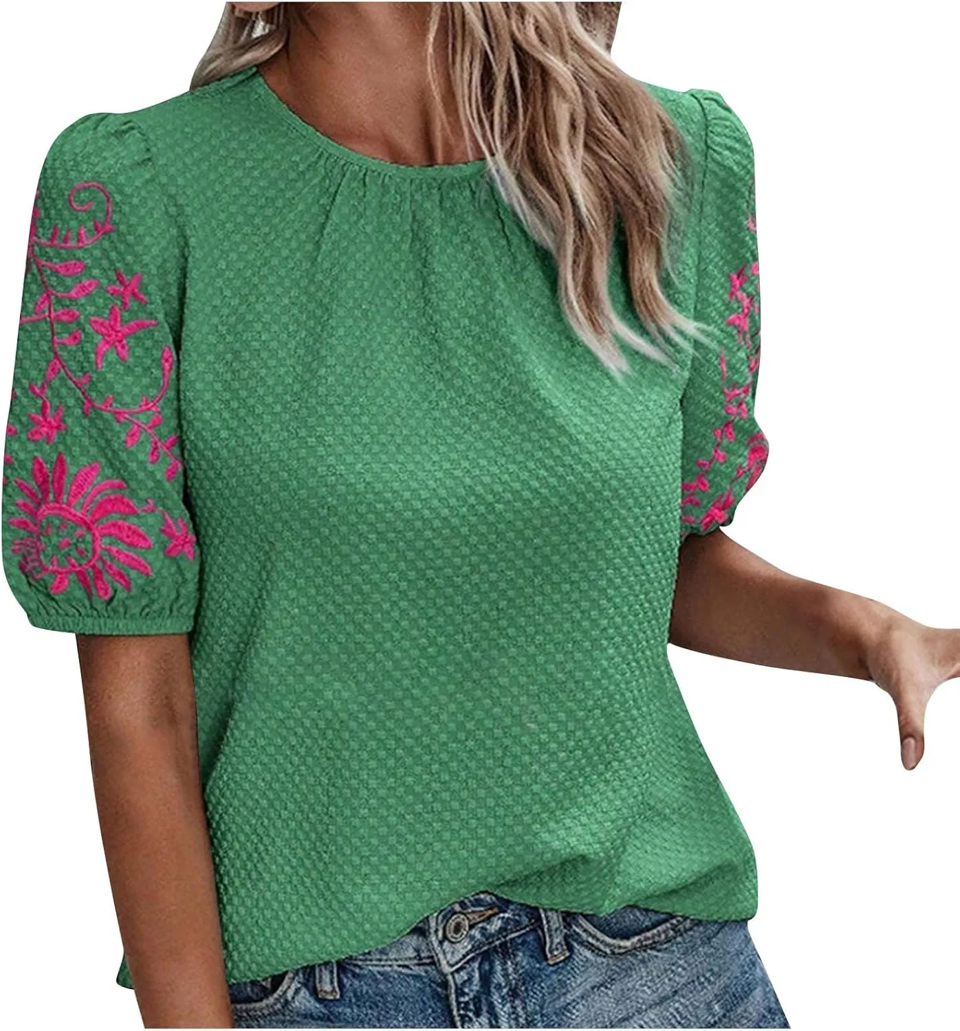 Womens Embroidered Puff Short Sleeve Tops Dressy Casual Crewneck Shirts Loose Textured Floral Embroidery Blouses