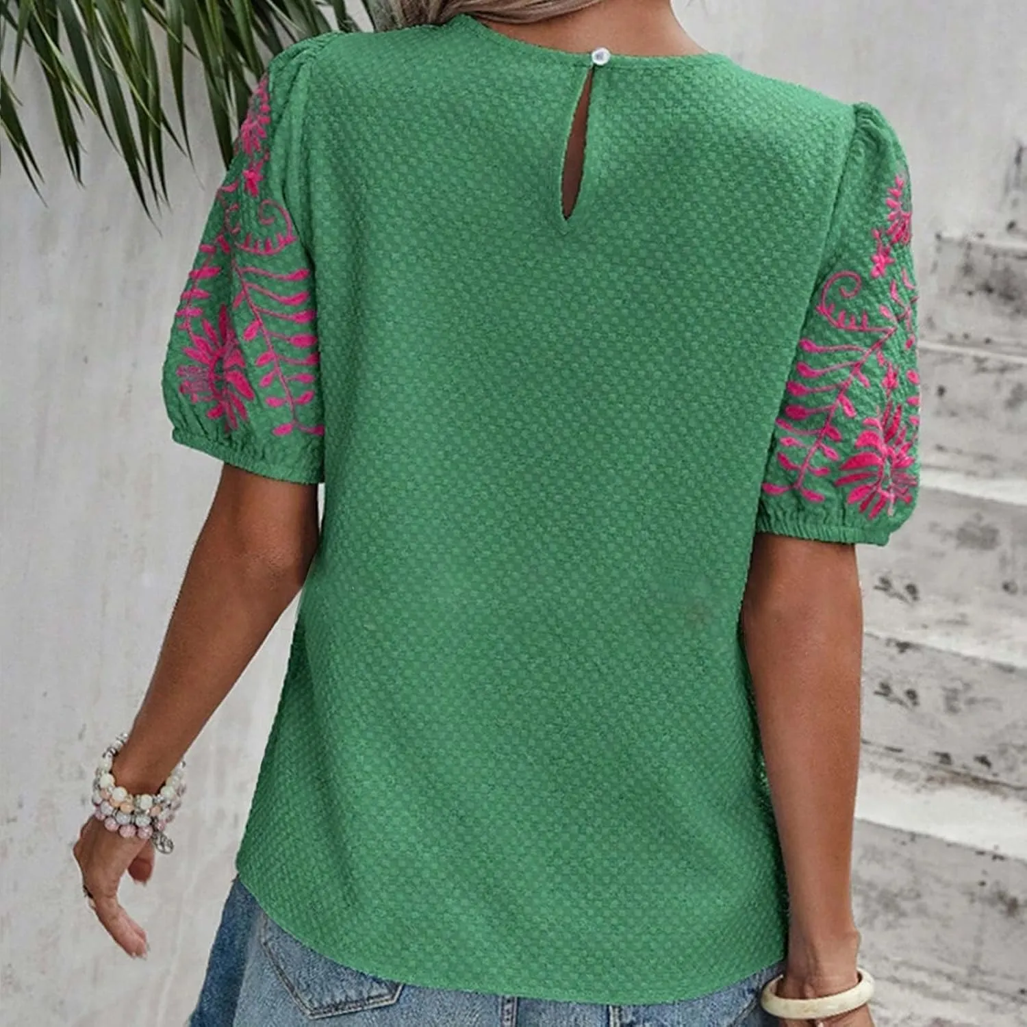 Womens Embroidered Puff Short Sleeve Tops Dressy Casual Crewneck Shirts Loose Textured Floral Embroidery Blouses