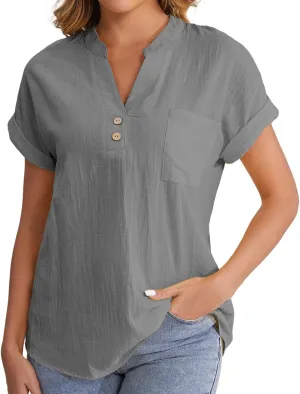 Women's Linen Oversized Blouses Short Sleeve Top T Shirt Button 3/4 Sleeve V Neck Linen Blouse Top