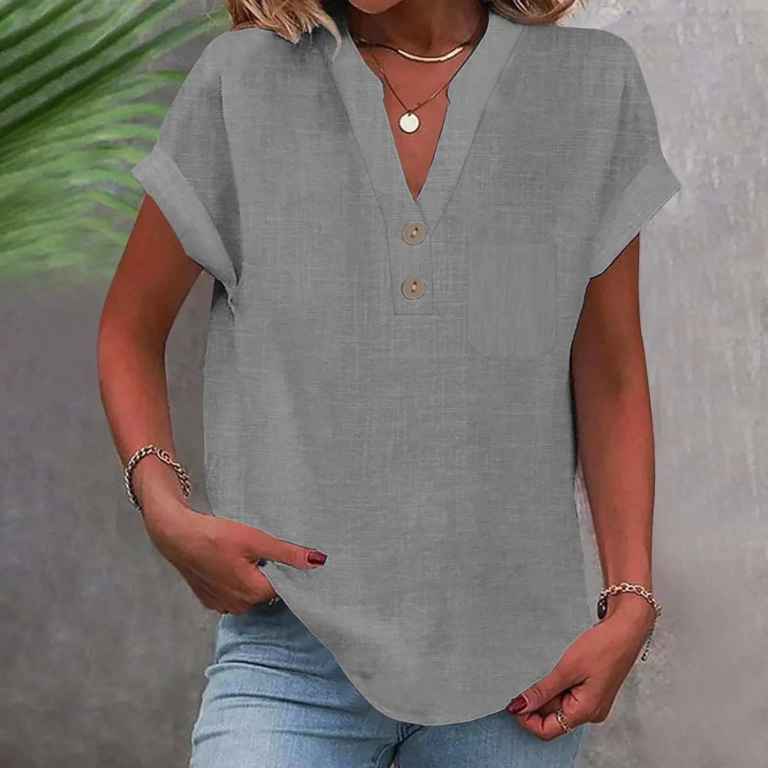 Women's Linen Oversized Blouses Short Sleeve Top T Shirt Button 3/4 Sleeve V Neck Linen Blouse Top