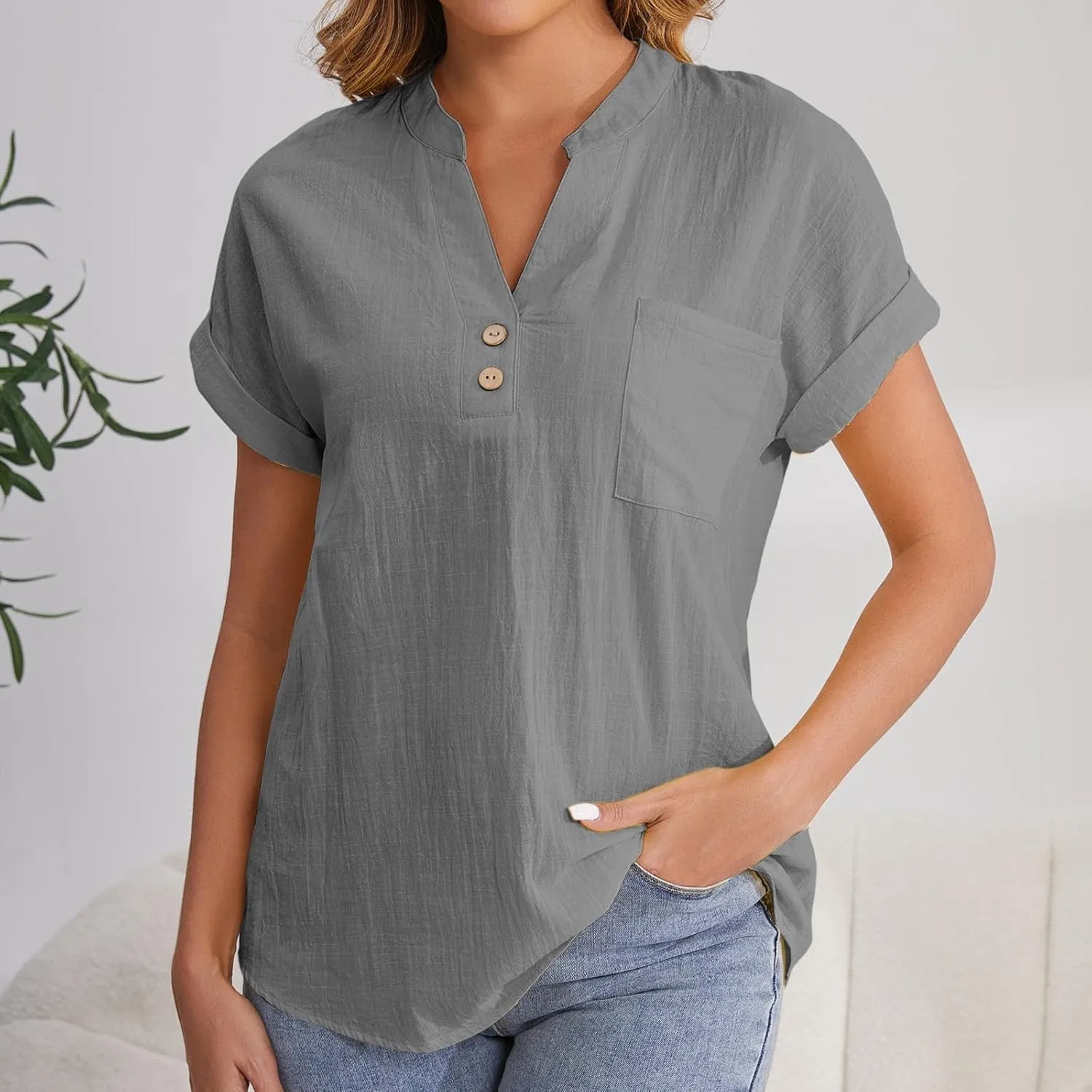 Women's Linen Oversized Blouses Short Sleeve Top T Shirt Button 3/4 Sleeve V Neck Linen Blouse Top