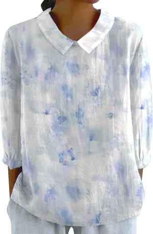 Womens Linen Shirts Lapel Retro Striped Back Loose Top Casual Cotton and Linen Shirt 3/4 Sleeve Shirt Office Drop